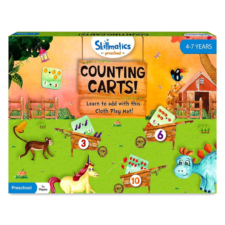 Skillmatics Counting Carts educational game box with colorful illustrations of animals and wagons.