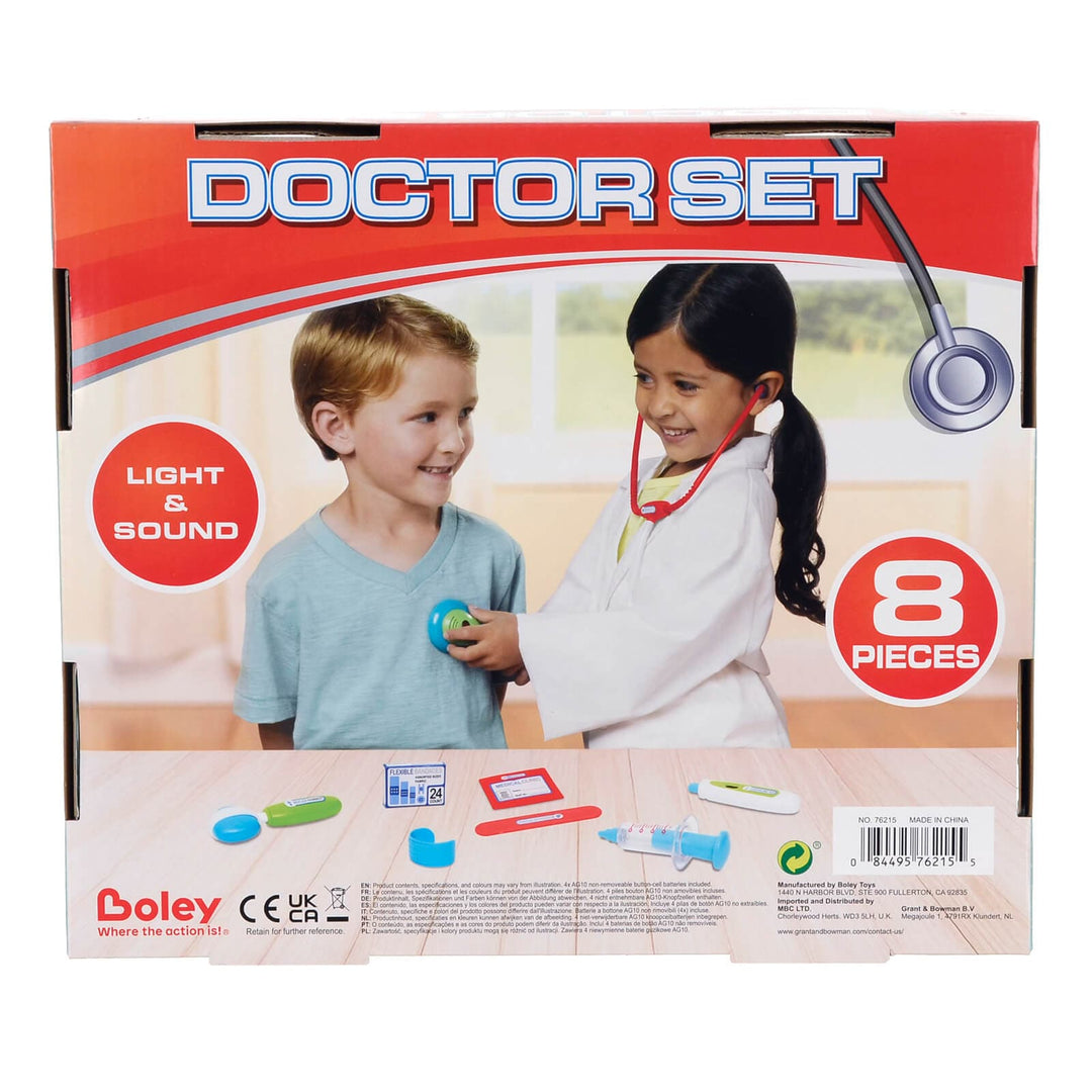 Back of the pack of a doctor set with 2 children playing with the stethoscope