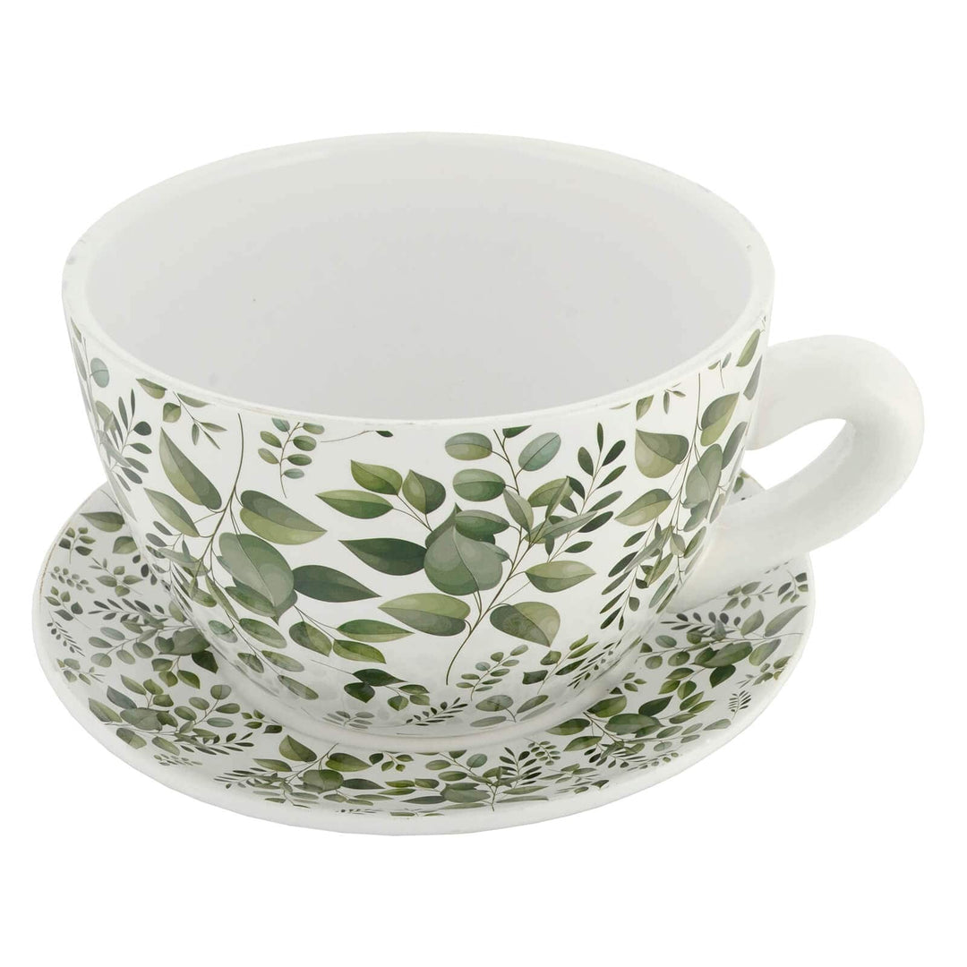 Teacup shape planter with saucer  and printed with eucalyptus pattern