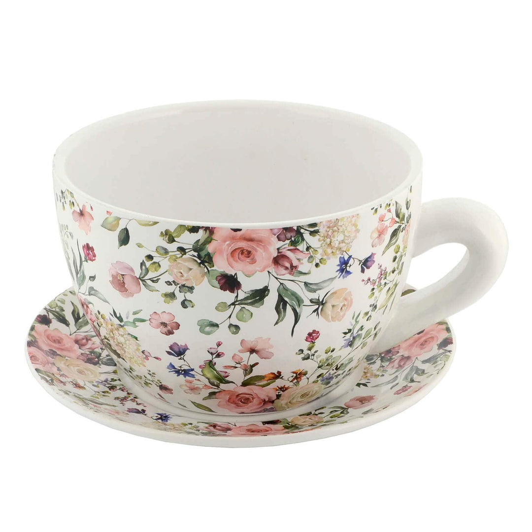 Teacup shape planter with saucer  and printed with rose and floral pattern