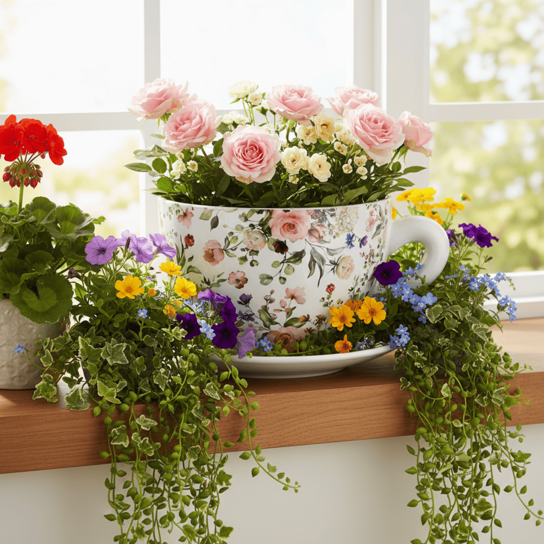 Decorative floral arrangement in a teacup on a windowsill with other plants.