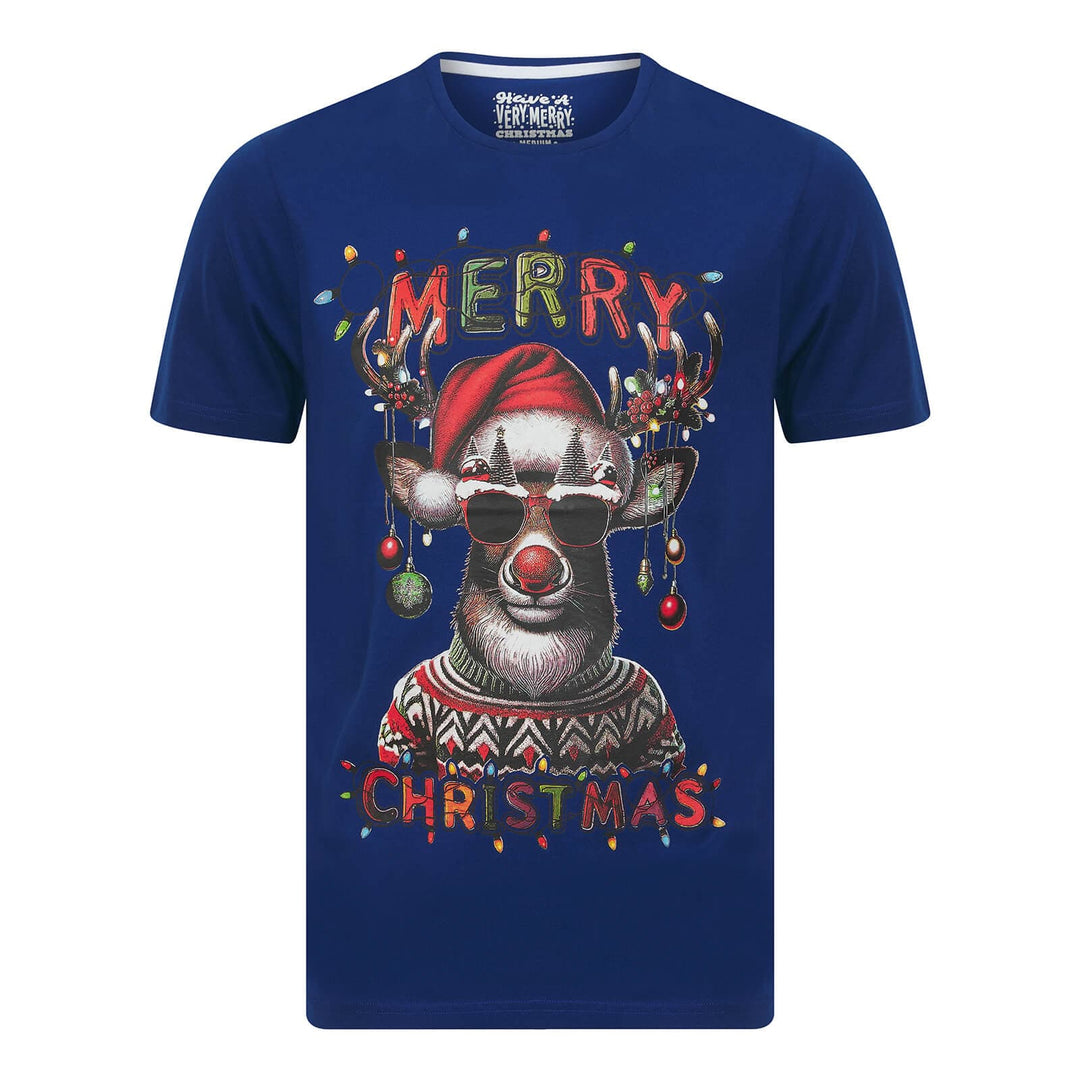 Blue t-shirt with a Merry Christmas slogan reindeer design on a white background