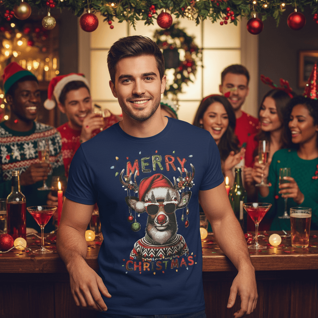 Man wearing a blue t-shirt with a Christmas design at a festive gathering.