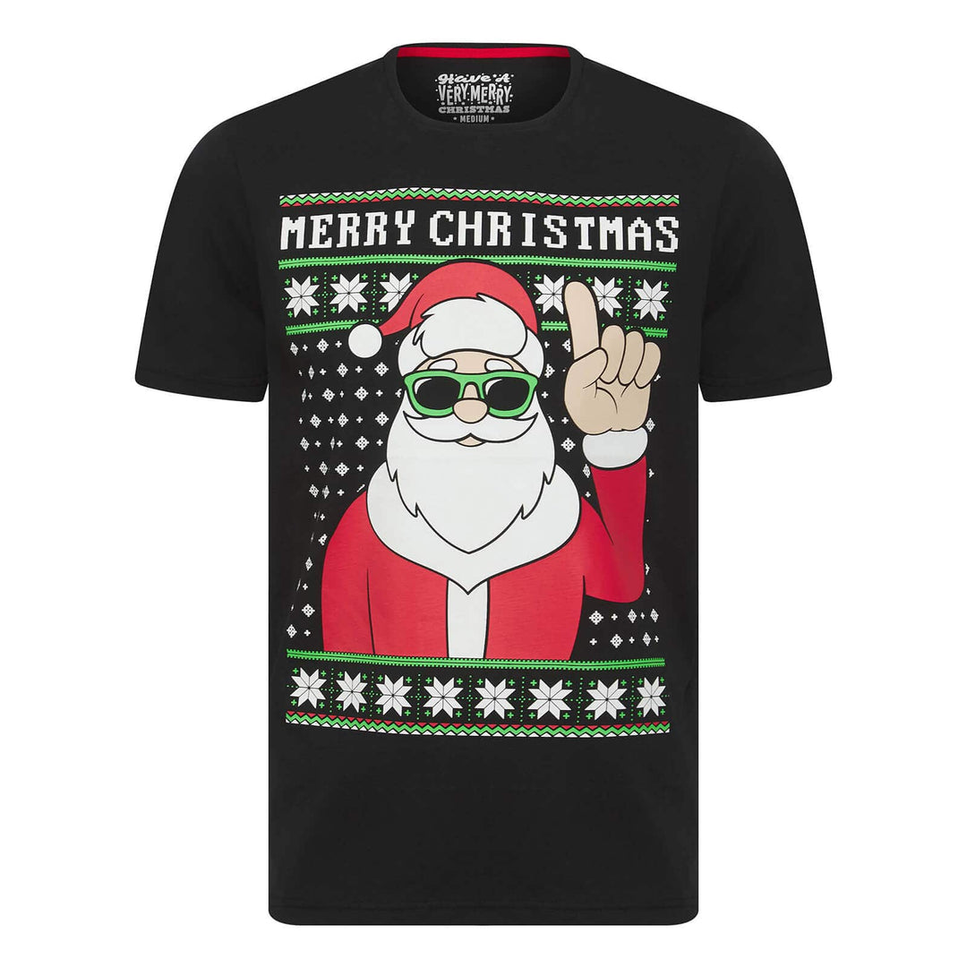Black t-shirt with a graphic of Santa Claus and 'Merry Christmas' text on a white background