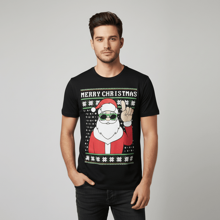 Man wearing a black t-shirt with a festive design of Santa Claus on a plain background