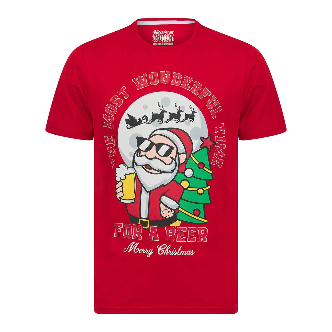 Red Christmas t-shirt with Santa having a beer graphic and text on a white background