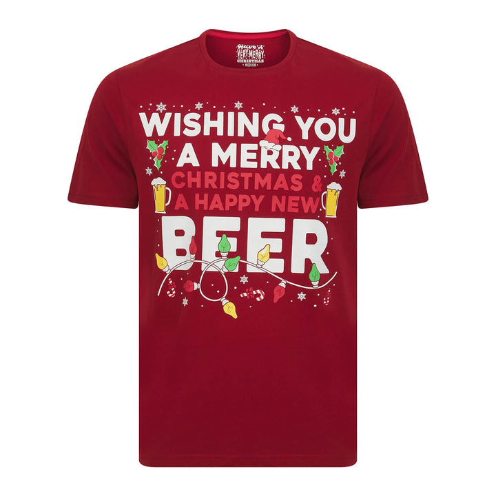 Red Christmas t-shirt with Happy New Beer and graphics on a white background