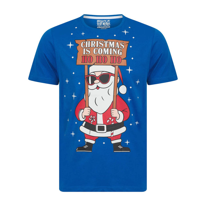 Blue t-shirt with a cartoon Santa Claus holding a sign that says &
