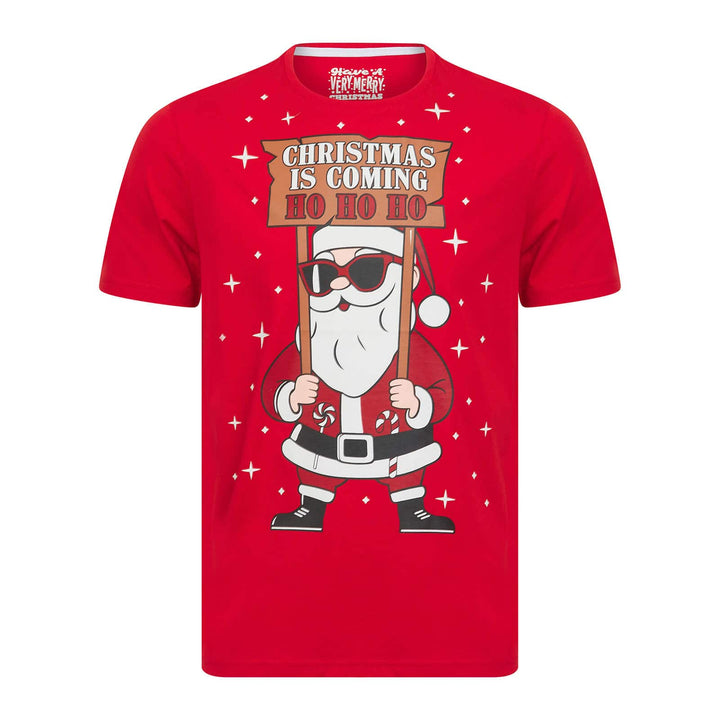 Red t-shirt with a cartoon Santa Claus holding a sign that says 'Christmas is Coming Ho Ho Ho' on a white background.