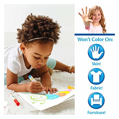 Child coloring with crayons on a white surface, alongside a promotional graphic about water-based markers that won't color on skin, fabric, or furniture.