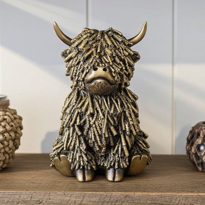 Bronze sculpture of a Highland cow with long hair on a wooden surface.