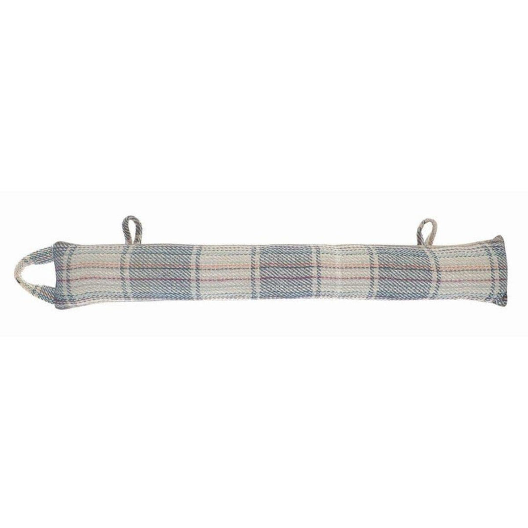 draught excluder with check pattern and subtle blue colour on white background