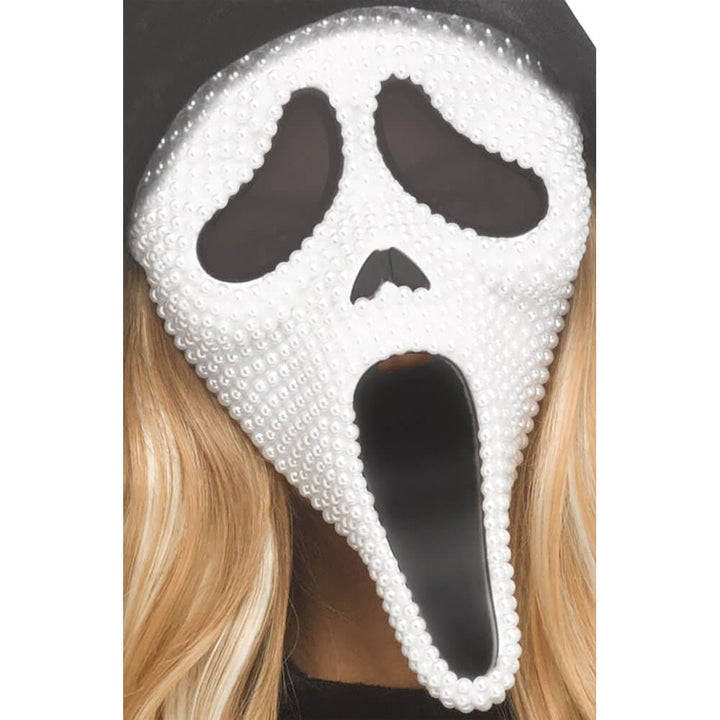 White pearl covered Ghost Face mask for Halloween cstumes