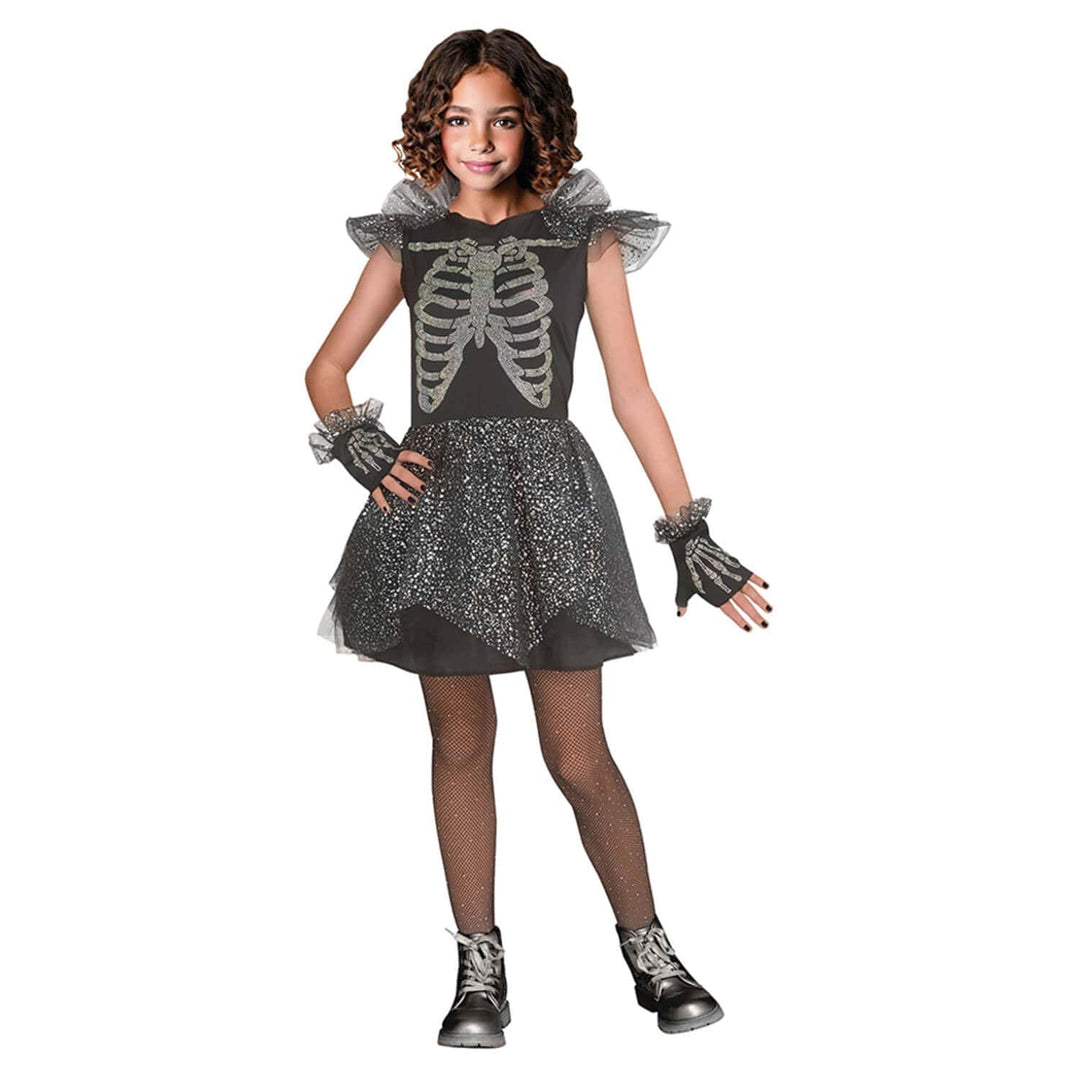 Girl wearing a black and silver glitter skeleton dress with gloves