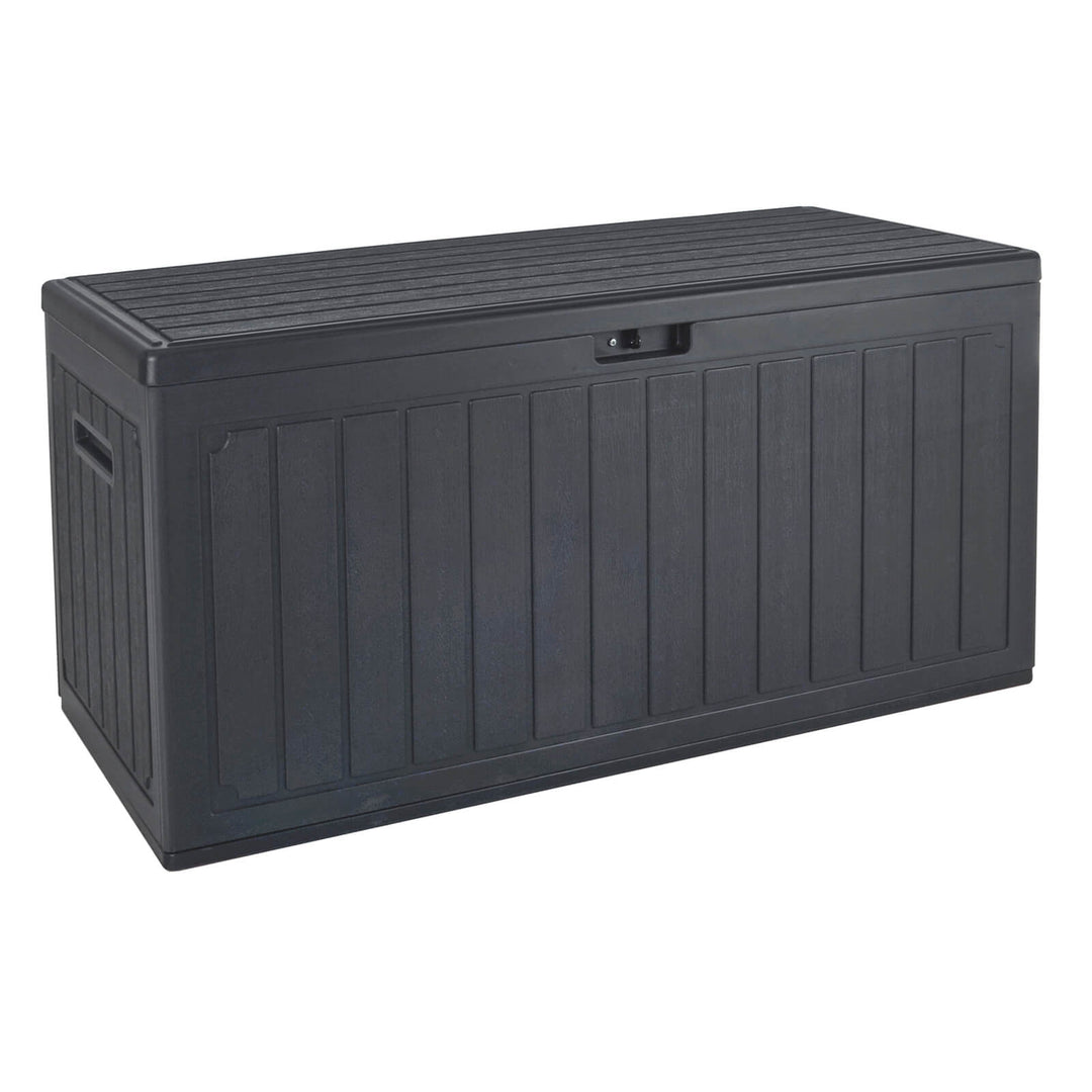 Dark grey deck box with wood effect panels