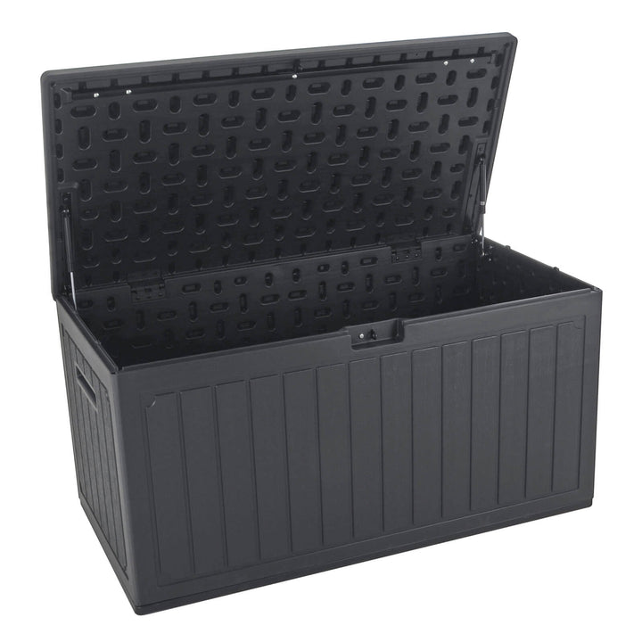 Dark grey deck box with lid open to show gas lift hinges