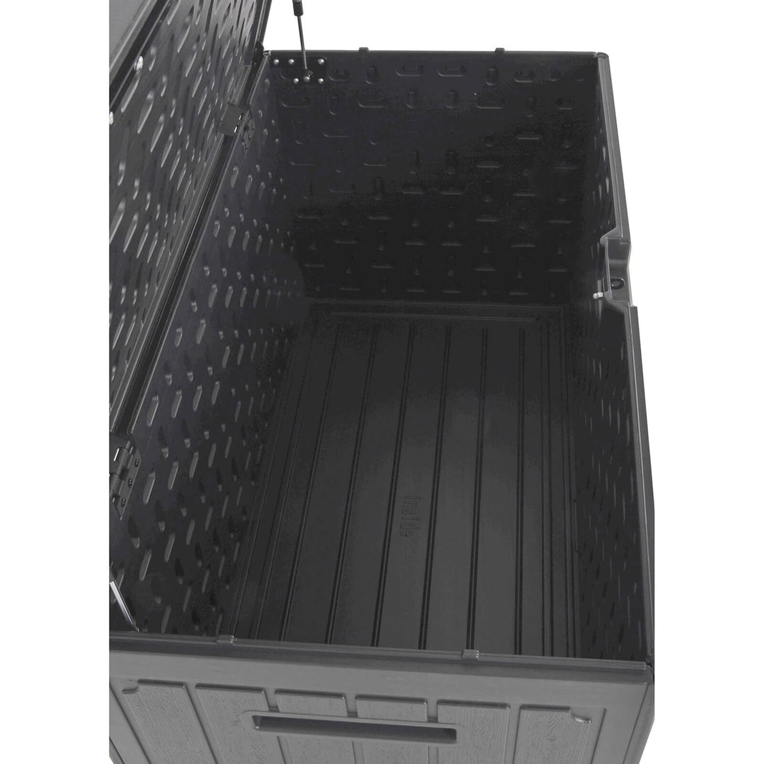 Inside view of a large grey deck box for garden use