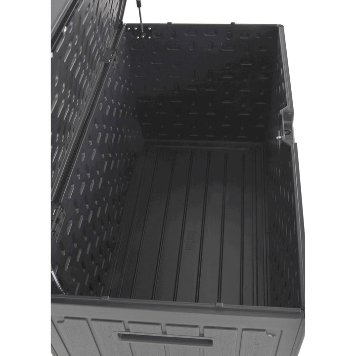 Inside view of a large grey deck box for garden use
