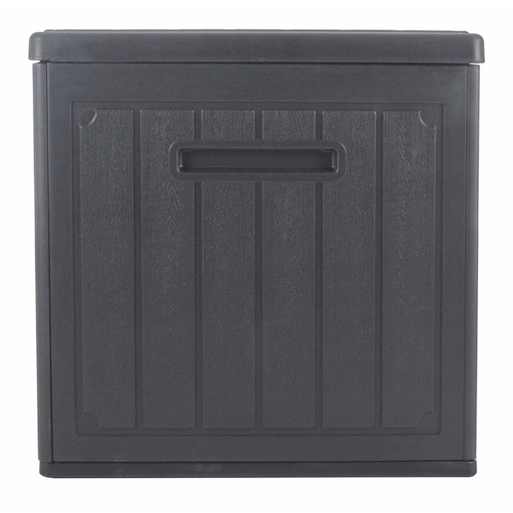 Side view of a grey deck box with side handles