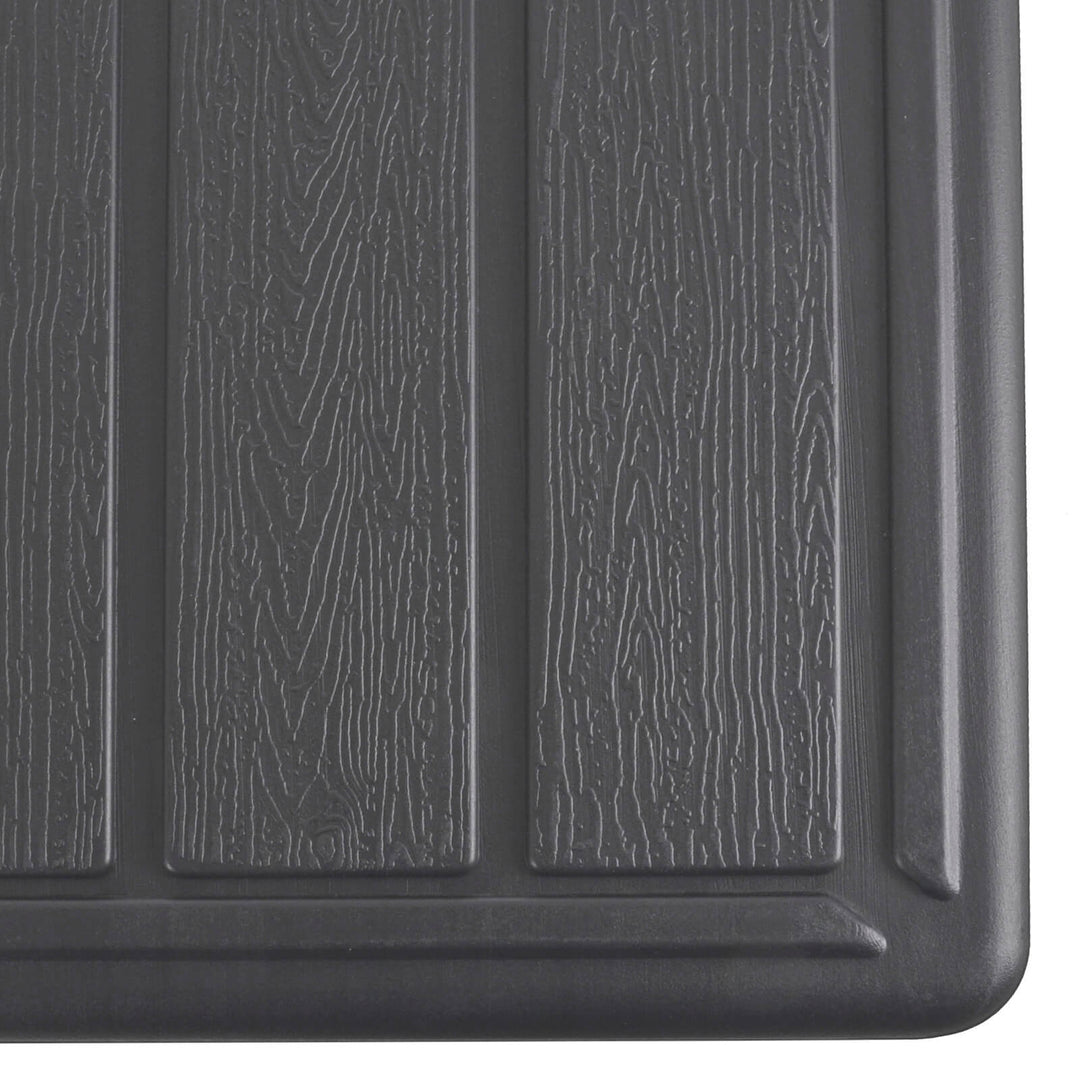 Detail of dark grey wood effect finish on a deck box lid