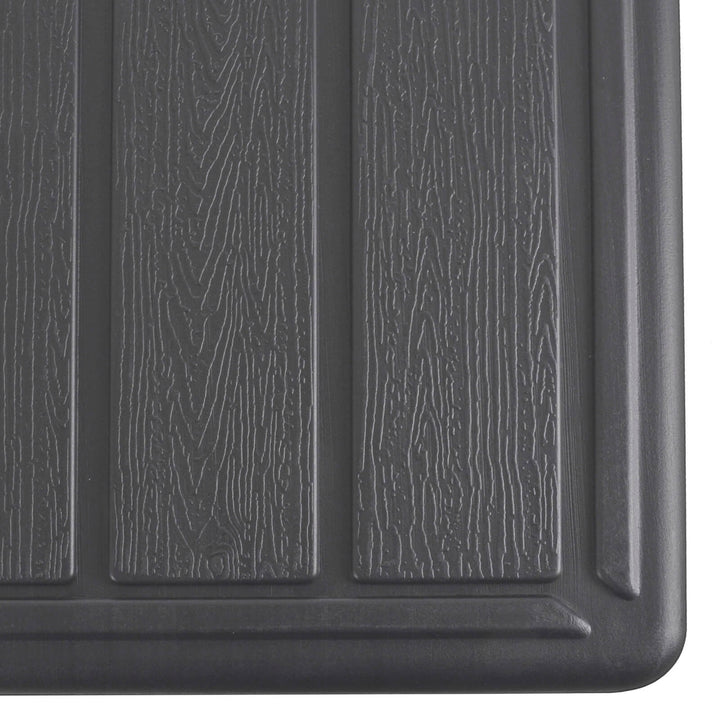 Detail of dark grey wood effect finish on a deck box lid