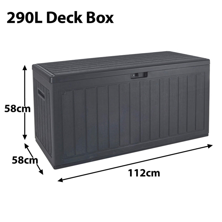 Dimensions for a dark grey 290L deck box