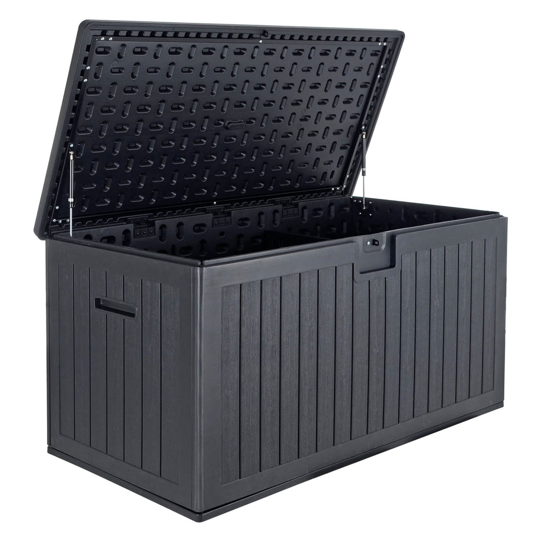 Dark grey deck box with gas assist hinged lid lift lid