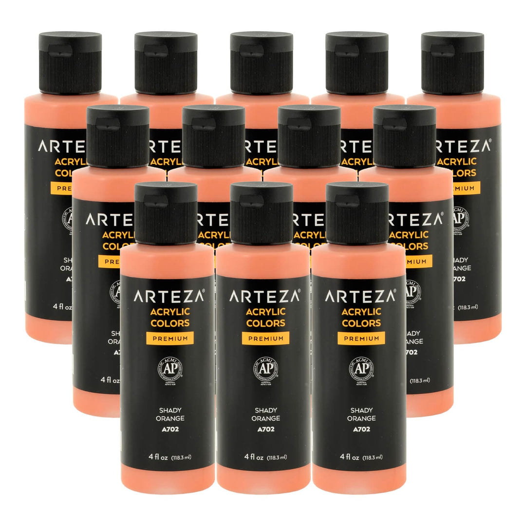 12 bottles of Shady Orange acrylic paint on a white background