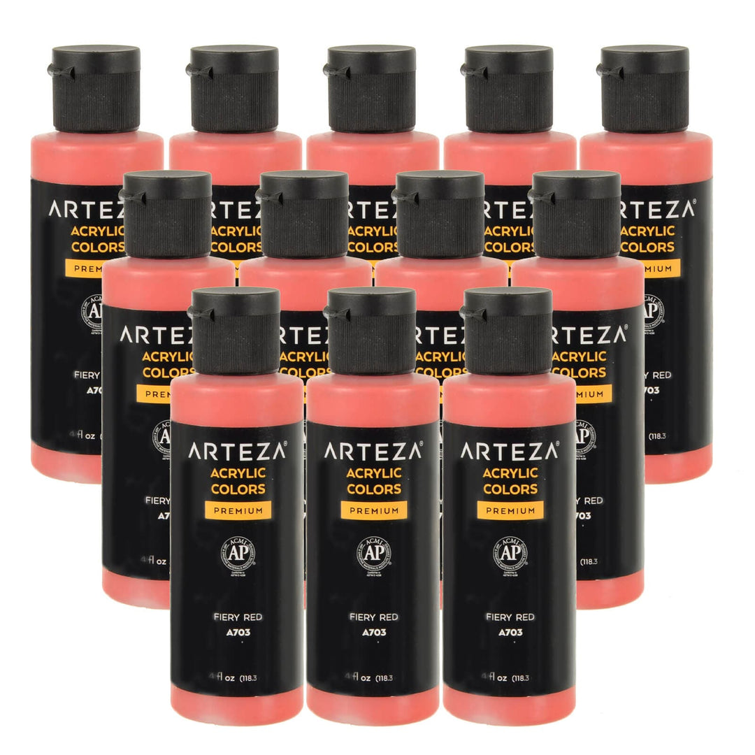 12 bottles of fiery red colour acrylic paint on a white background