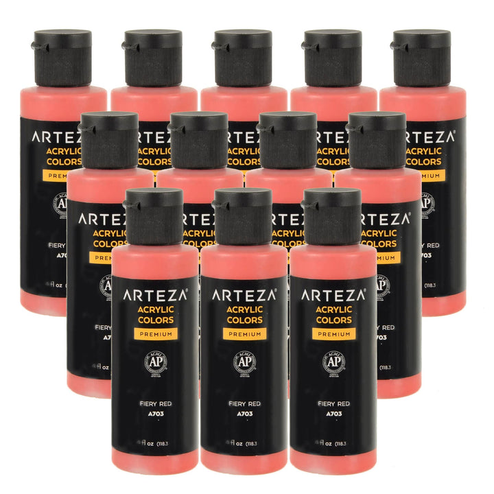 12 bottles of fiery red colour acrylic paint on a white background