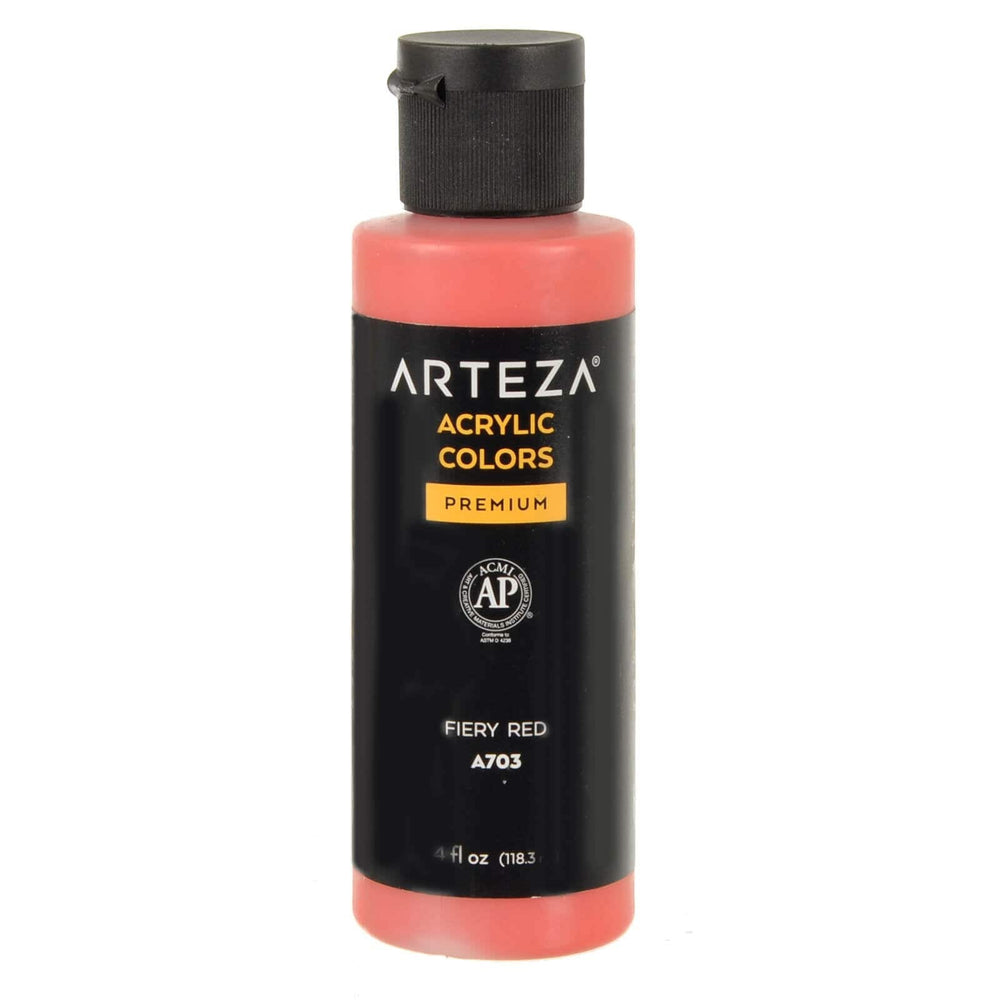 Bottle of A703 fiery red acrylic paint on a white background