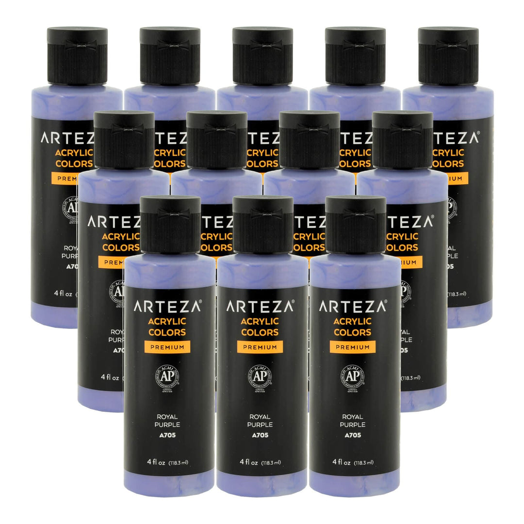 12 bottles of royal purple colour acrylic paint on a white background