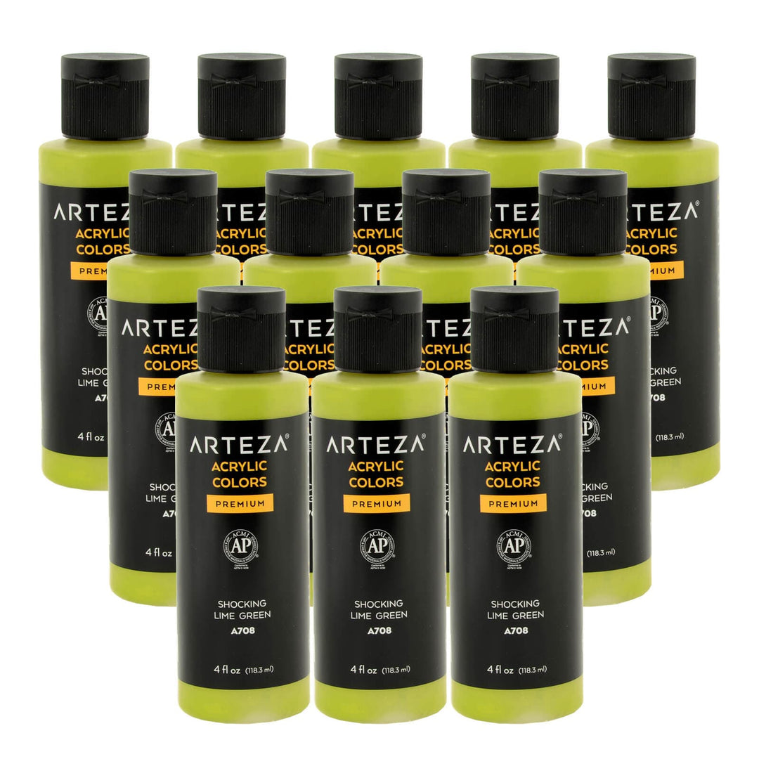 12 bottles of Shocking Lime Green acrylic paint on a white background