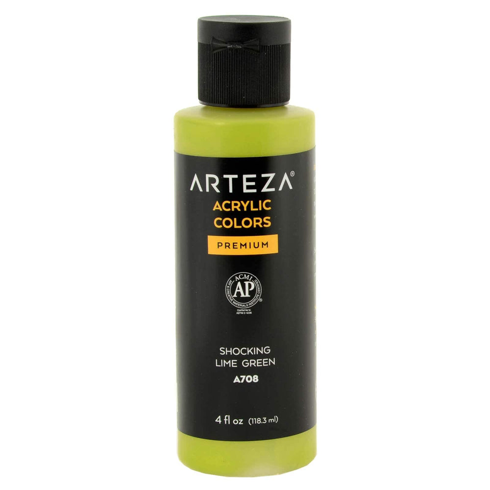 Bottle of Arteza Shocking Lime Green acrylic paint on a white background