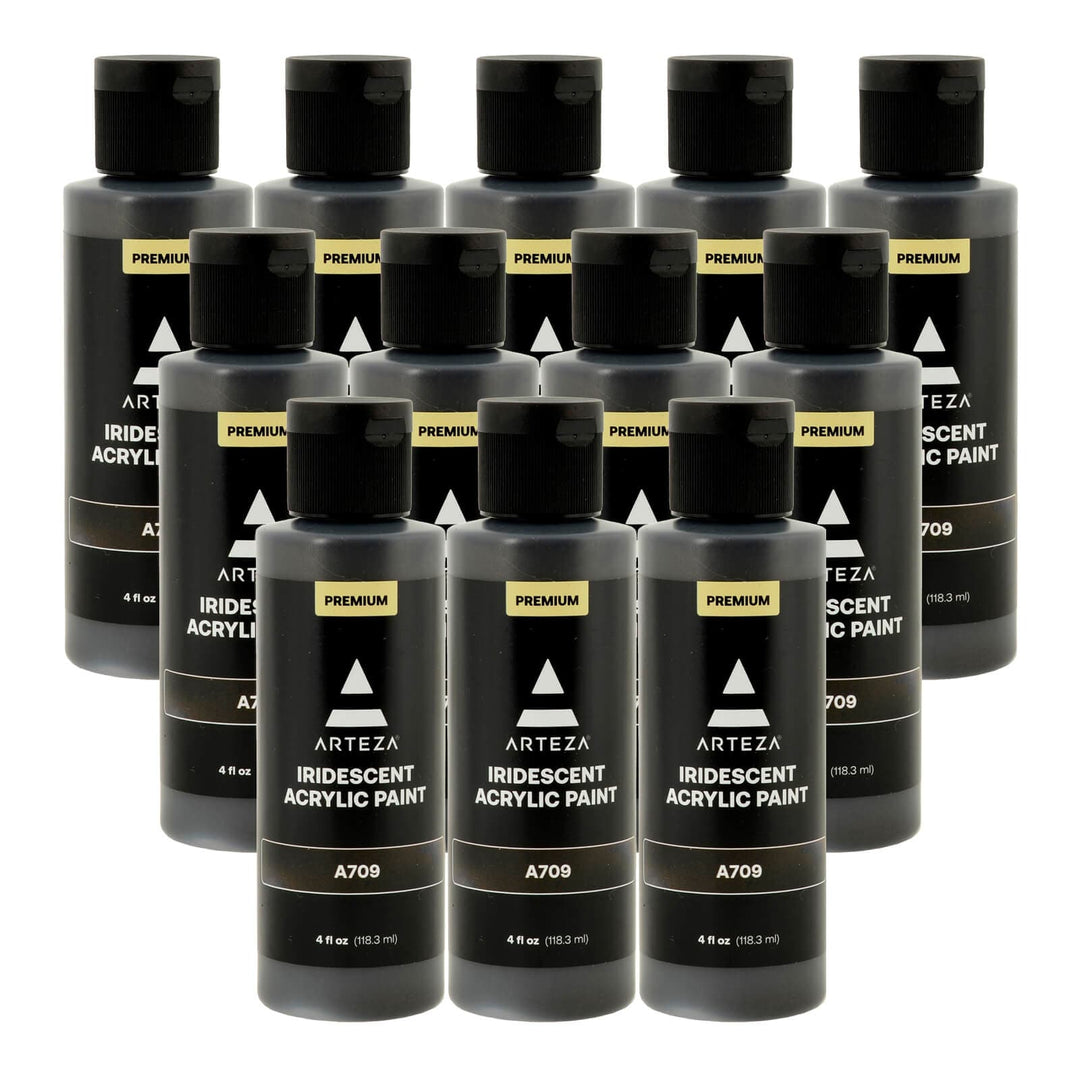 12 bottles of black acrylic paint on a white background