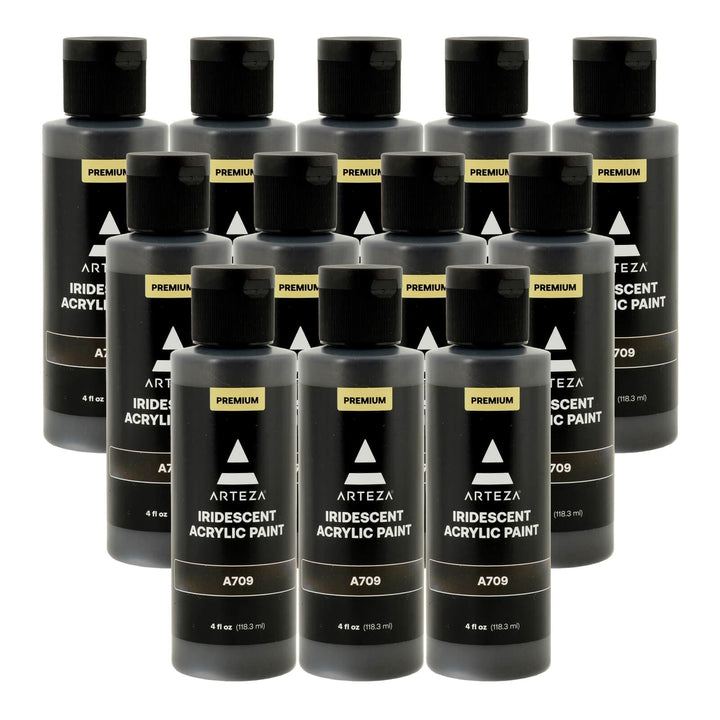 12 bottles of black acrylic paint on a white background