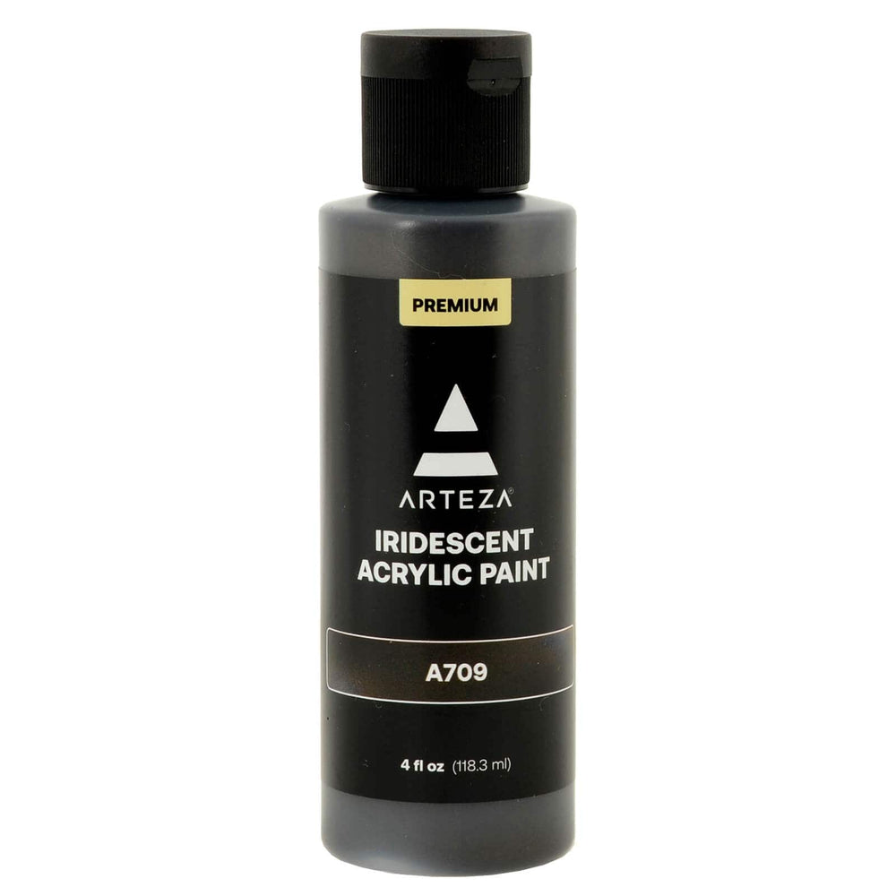 Bottle of Arteza Iridescent Black acrylic paint on a white background