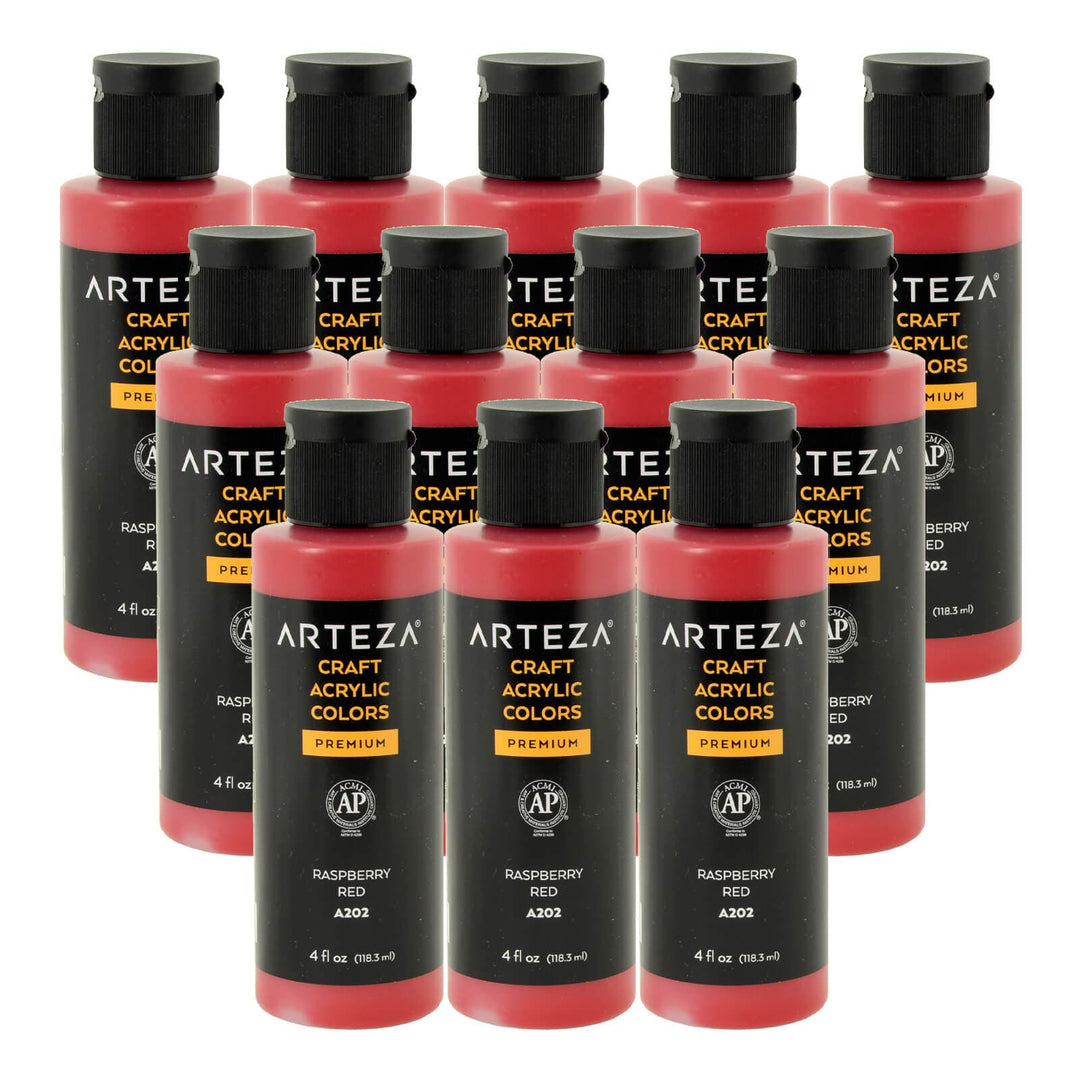 12 bottles of raspberry red acrylic paint on a white background