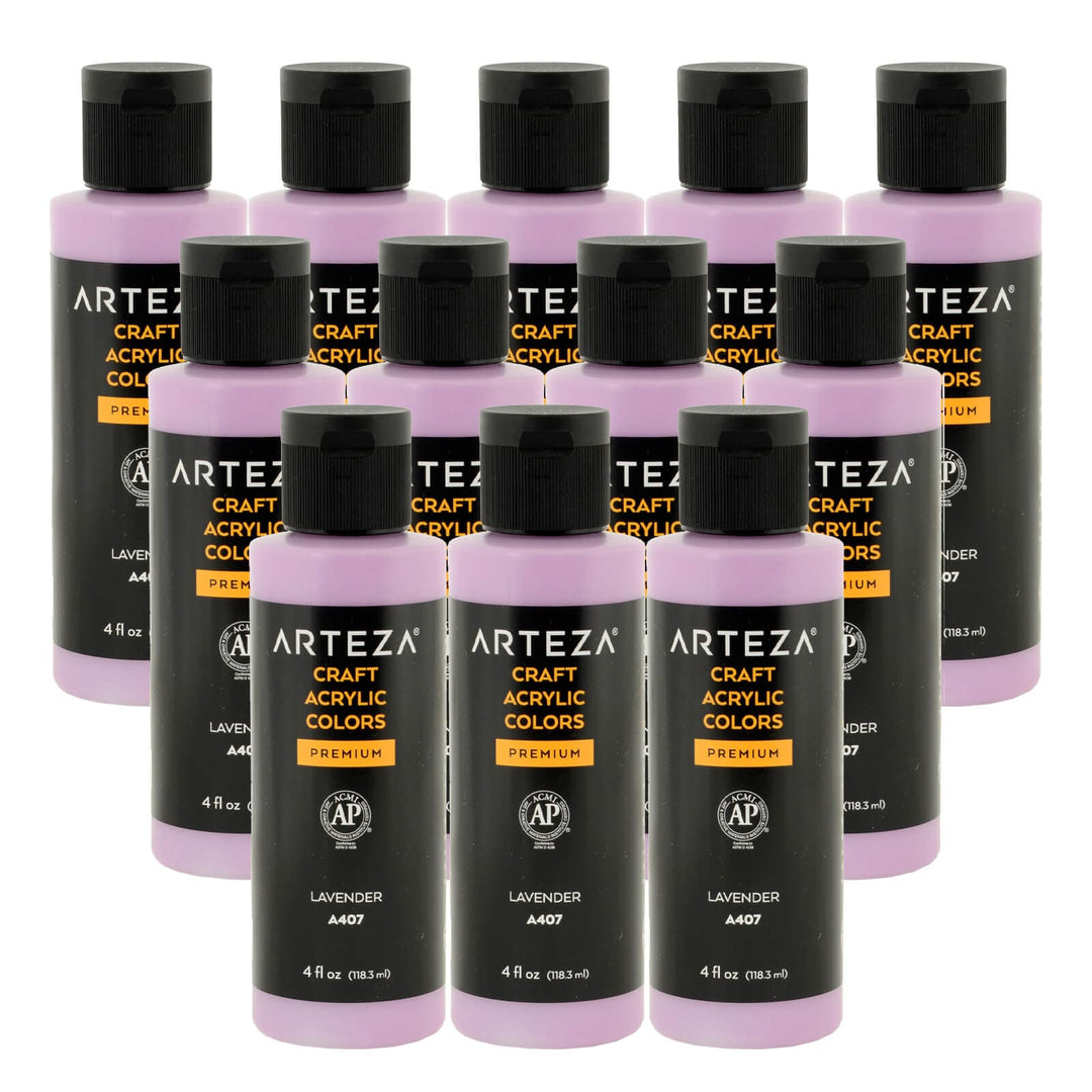 12 bottles of Lavender purple acrylic paint on a white background