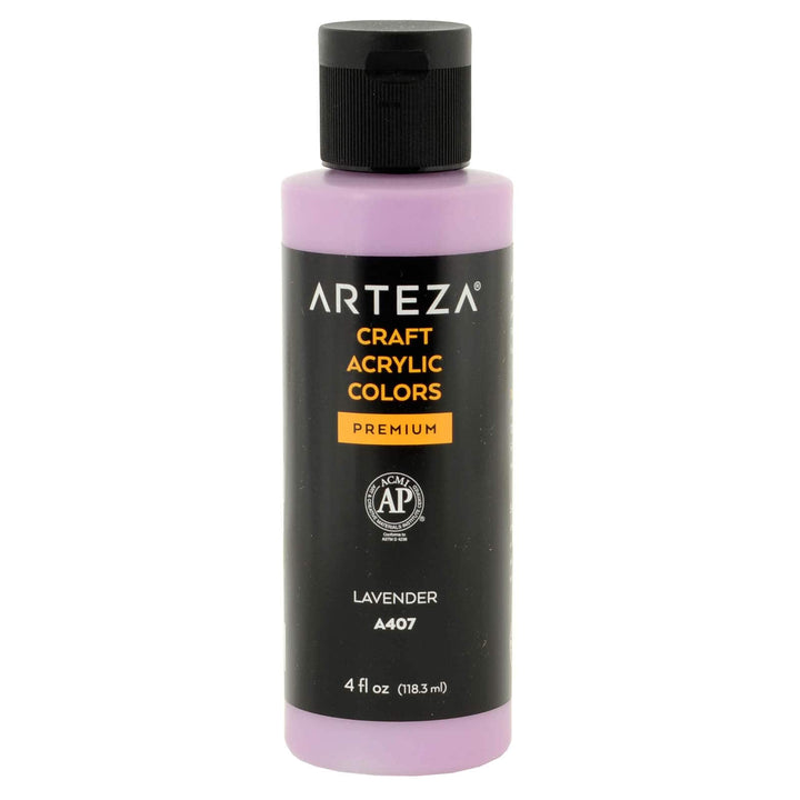Bottle of Arteza A407 Lavender acrylic paint on a white background
