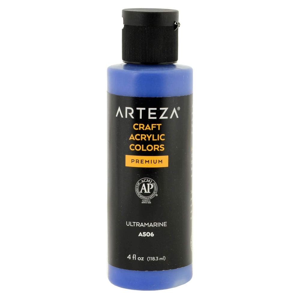 Bottle of Arteza A506 Ultramarine blue craft acrylic paint on a white background