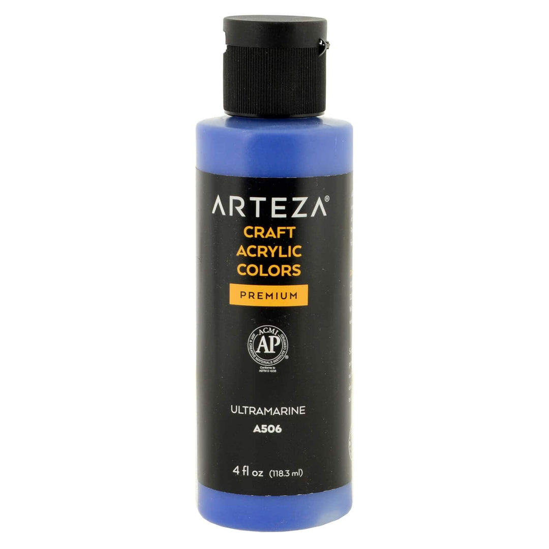 Bottle of Arteza A506 Ultramarine blue craft acrylic paint on a white background