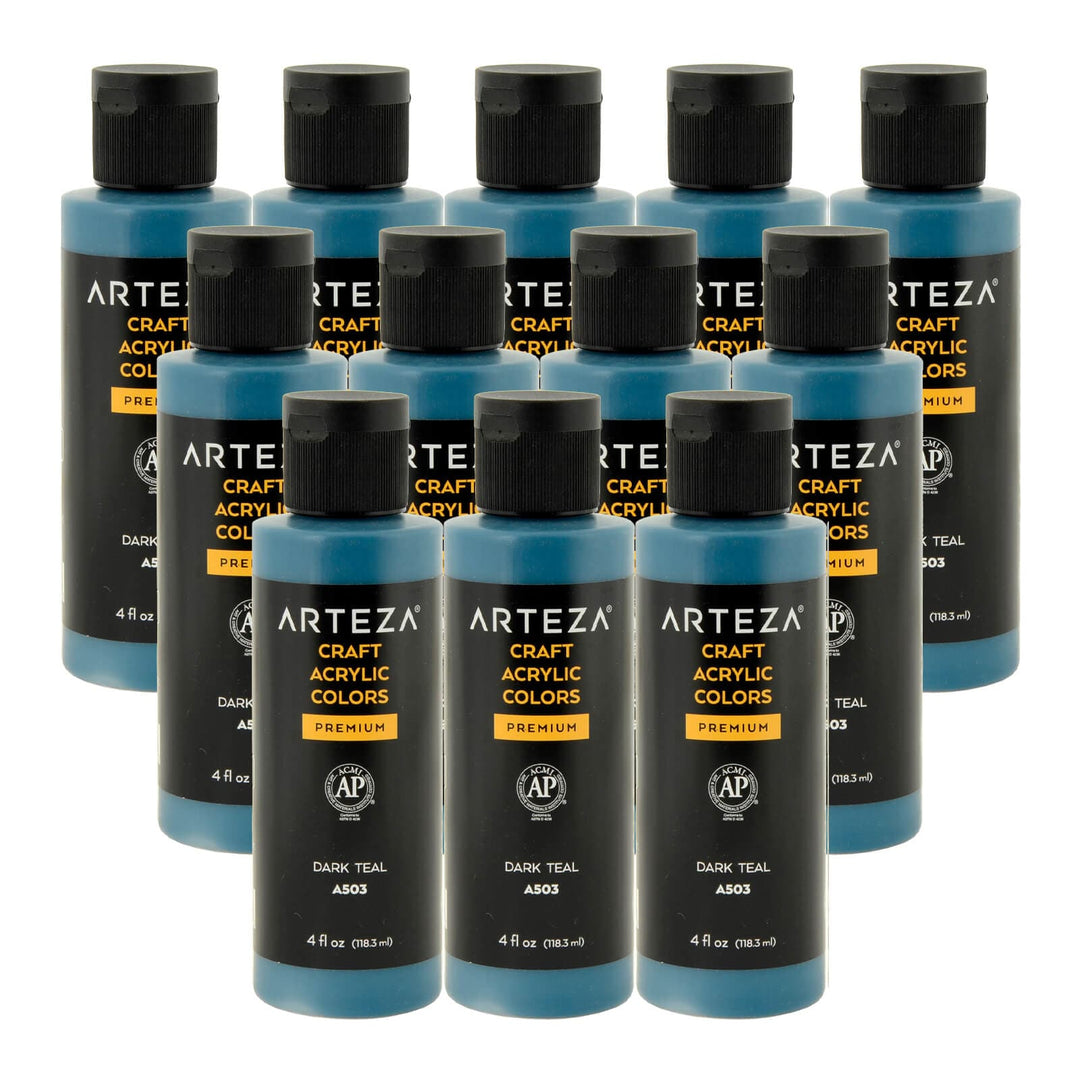 12 bottles of dark bluish green acrylic paint on a white background
