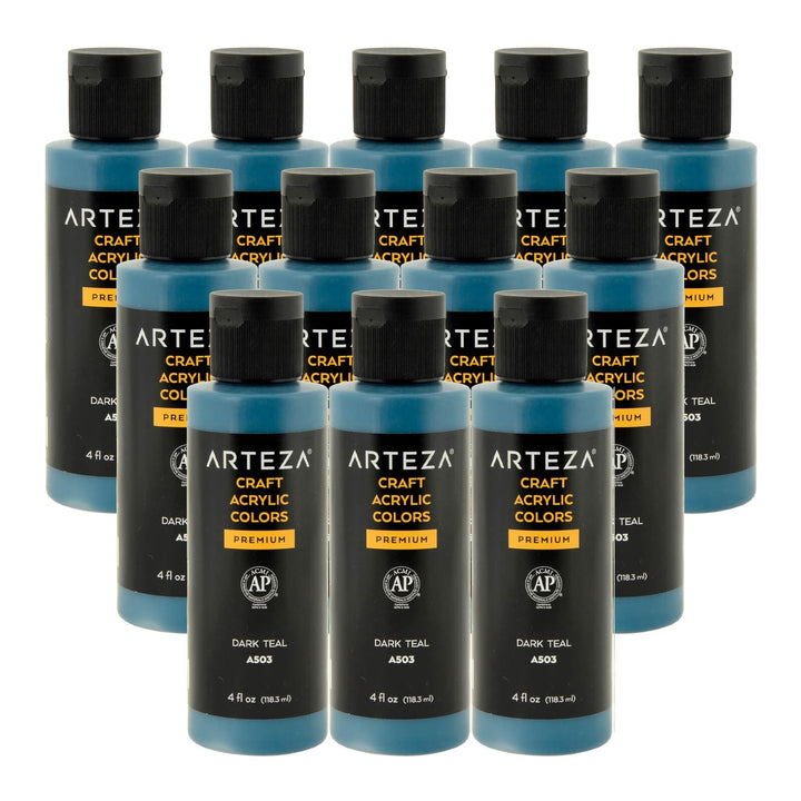12 bottles of dark bluish green acrylic paint on a white background