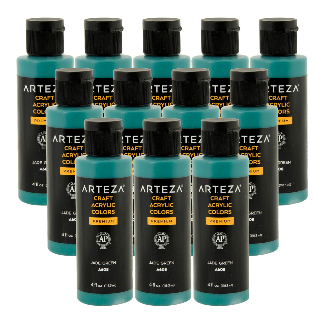 12 bottles of jade green acrylic paint on a white background