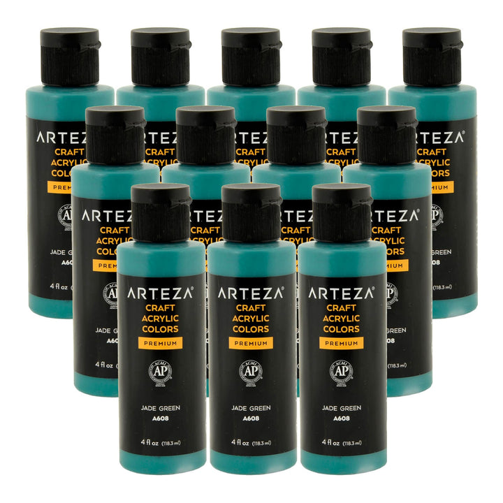 12 bottles of jade green acrylic paint on a white background