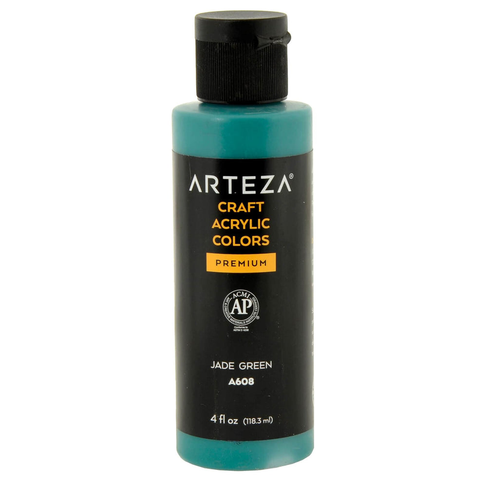 Bottle of Arteza A608 Jade Green acrylic paint on a white background