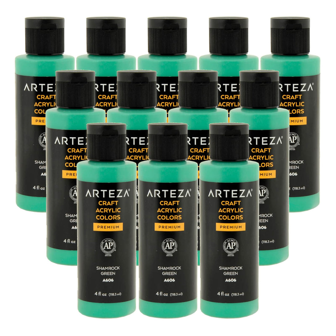 12 bottles of shamrock green acrylic paint on a white background