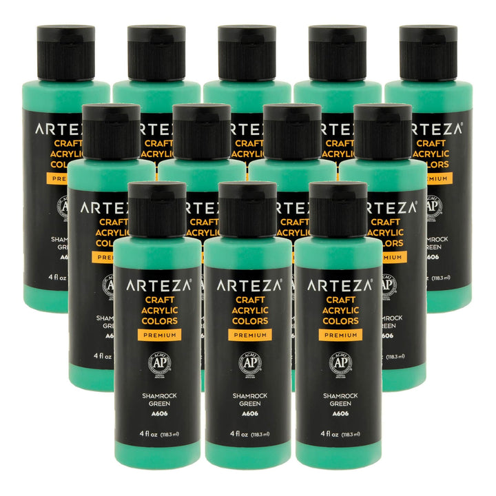 12 bottles of shamrock green acrylic paint on a white background