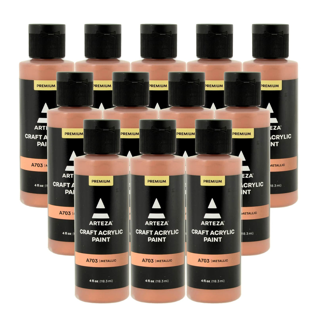 12 bottles of bronze metallic acrylic paint on a white background